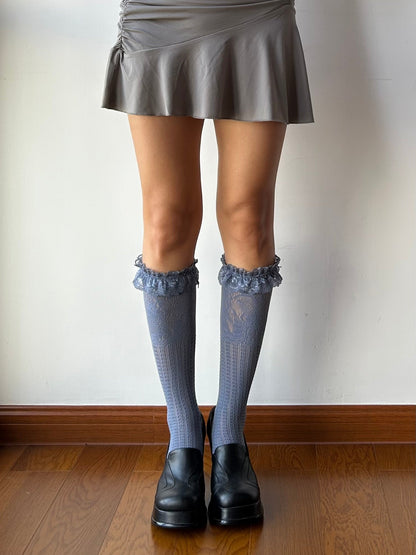 Smoky Blue Ruffle Fishnet Knee High Socks
