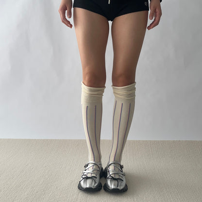 Beige Stripe Cotton Over the Knee Socks