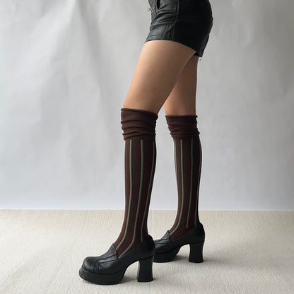 Brown Stripe Cotton Over the knee socks
