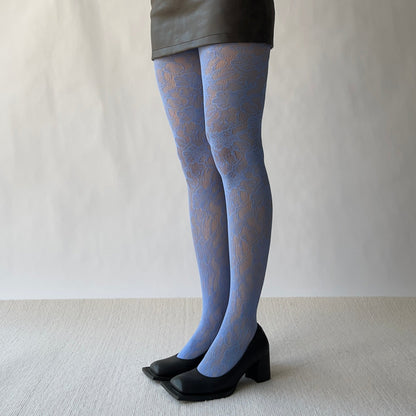 Purple Blue Floral Pattern Fishnet Tights