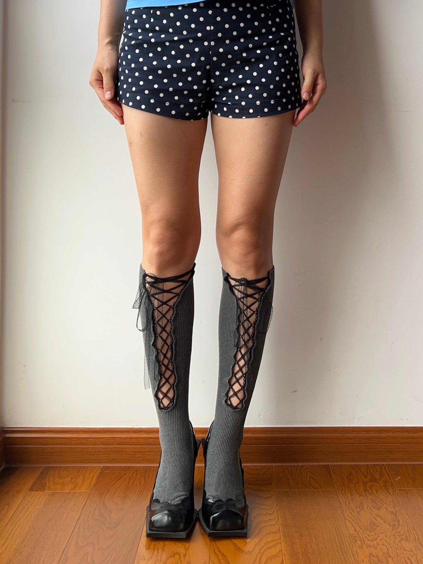 Grey Lace Up Knee High Socks