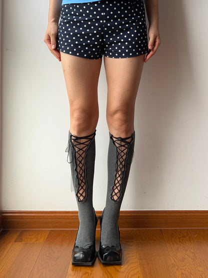 Grey Lace Up Knee High Socks