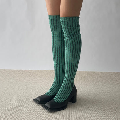Green Stripe Cotton Over the Knee Socks