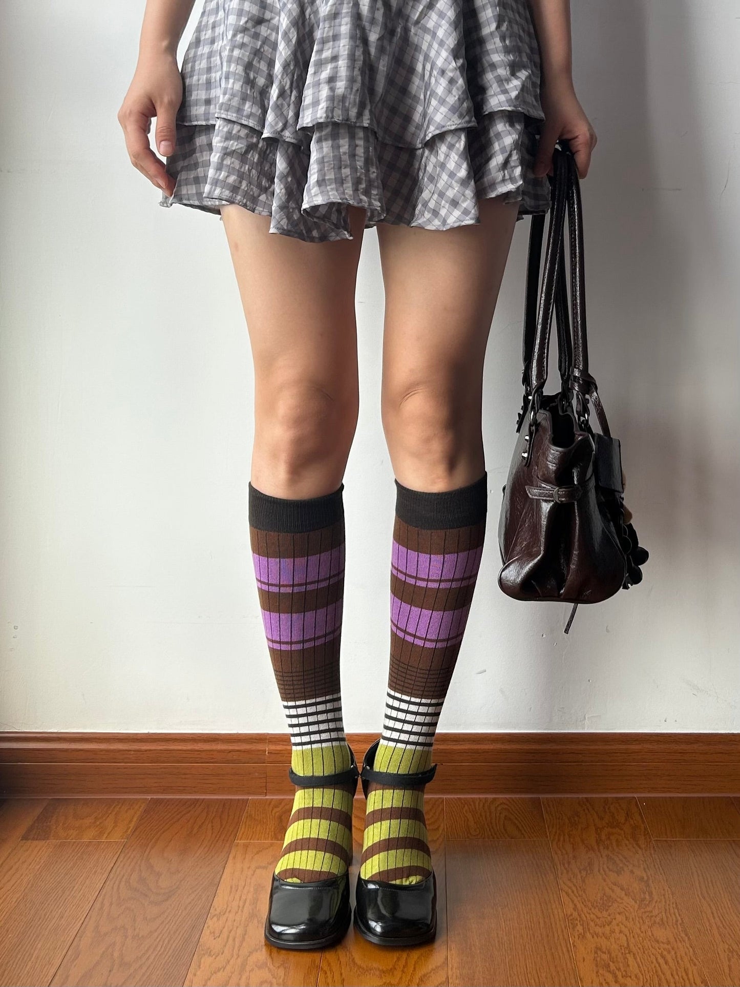 Olive Green+ Purple Stripe Cotton Knee High Socks