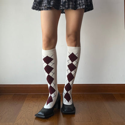 White Check Pattern Cotton Knee High Socks