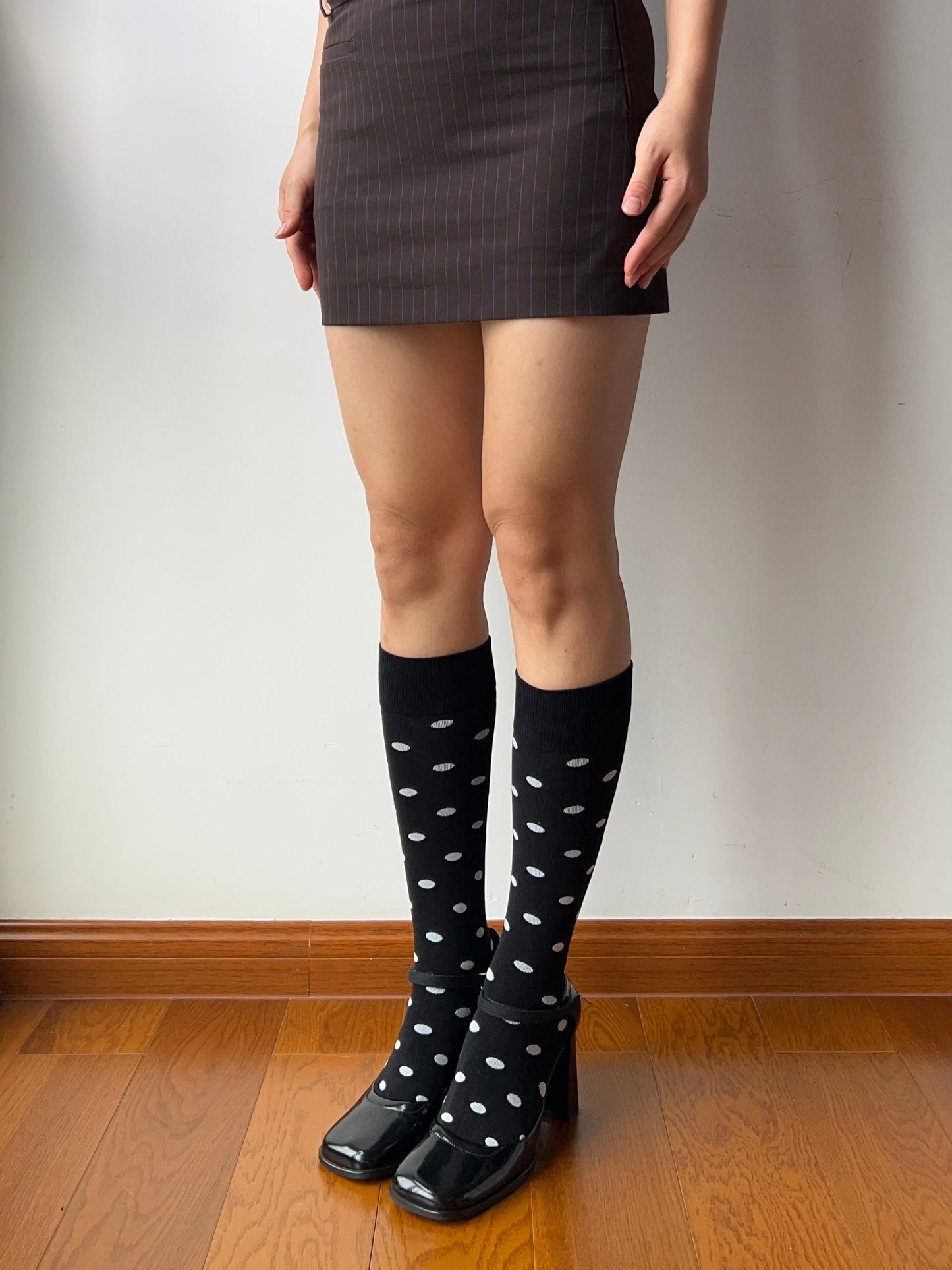 Black Polka Dots Cotton Knee High Socks