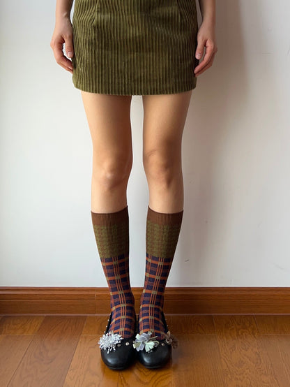 Olive Green+Dark Blue Double Knitting Knee High Socks