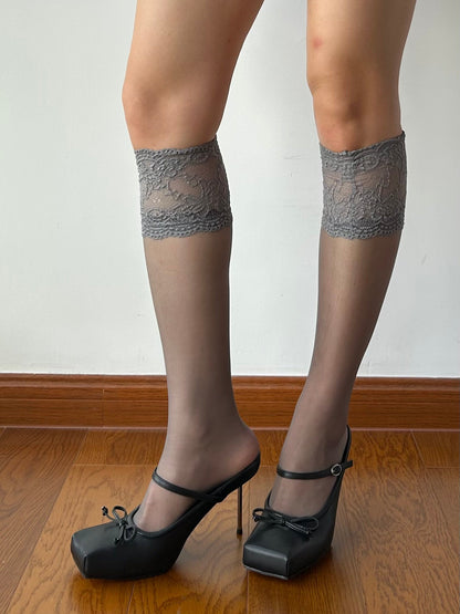 Grey Lace Edge Sheer Knee High Socks