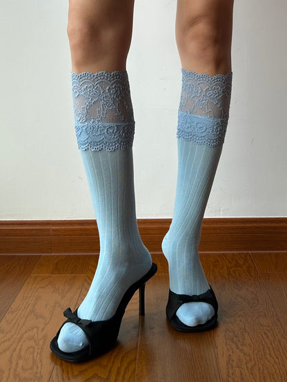 Blue Lace Edge Knee High Socks