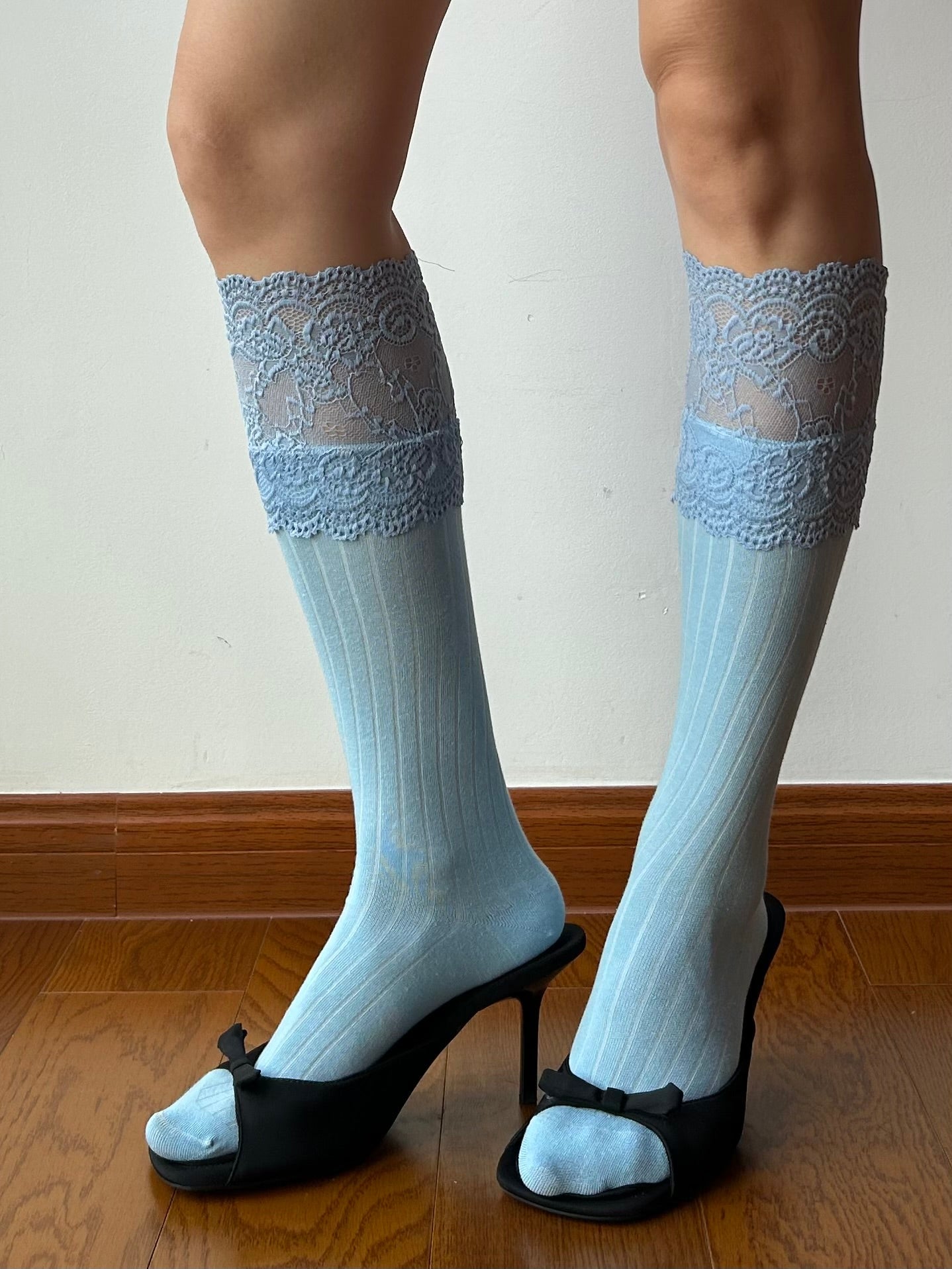 Blue Lace Edge Knee High Socks
