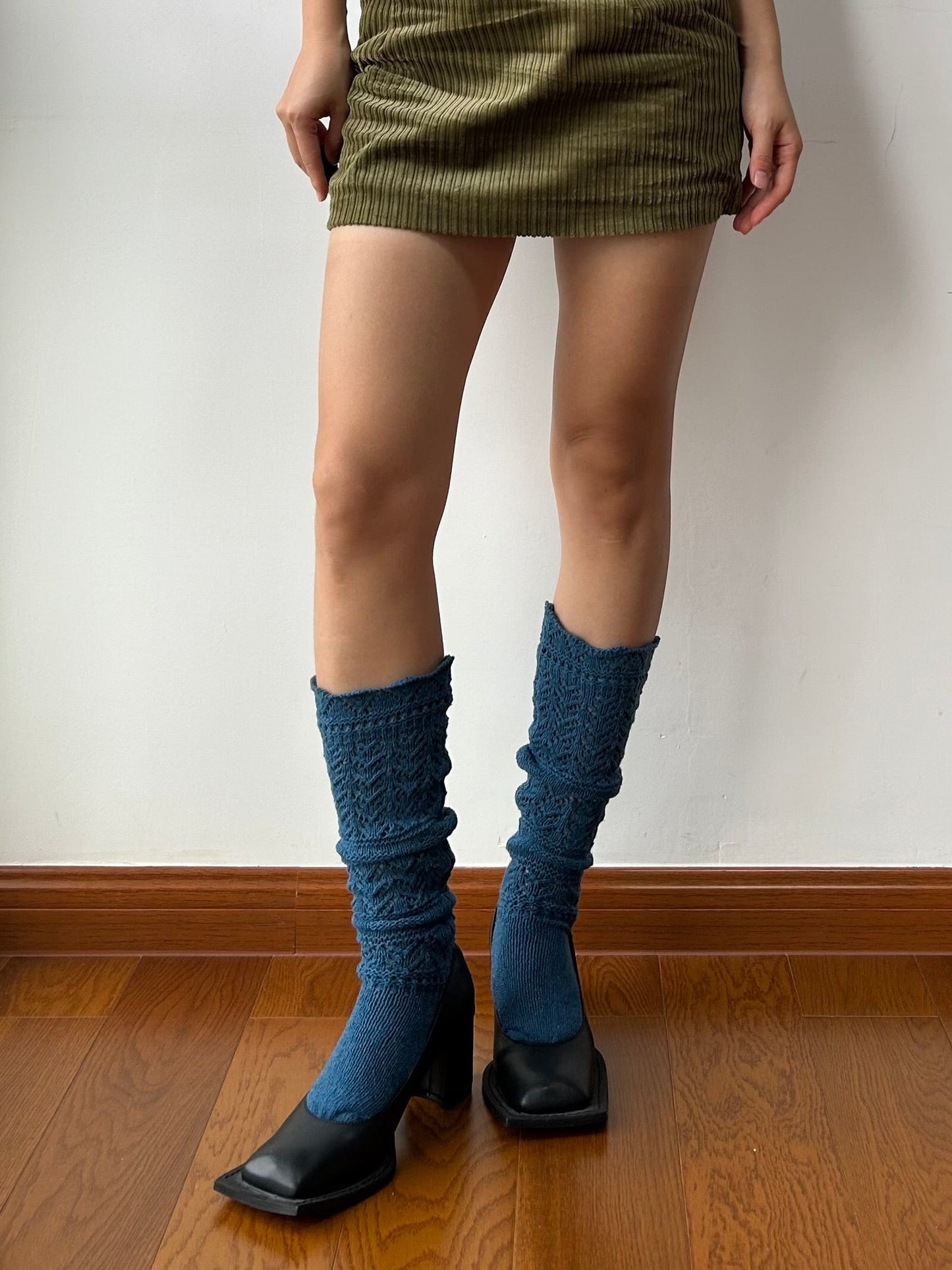 Lake Blue Wool Blend Knee High Socks