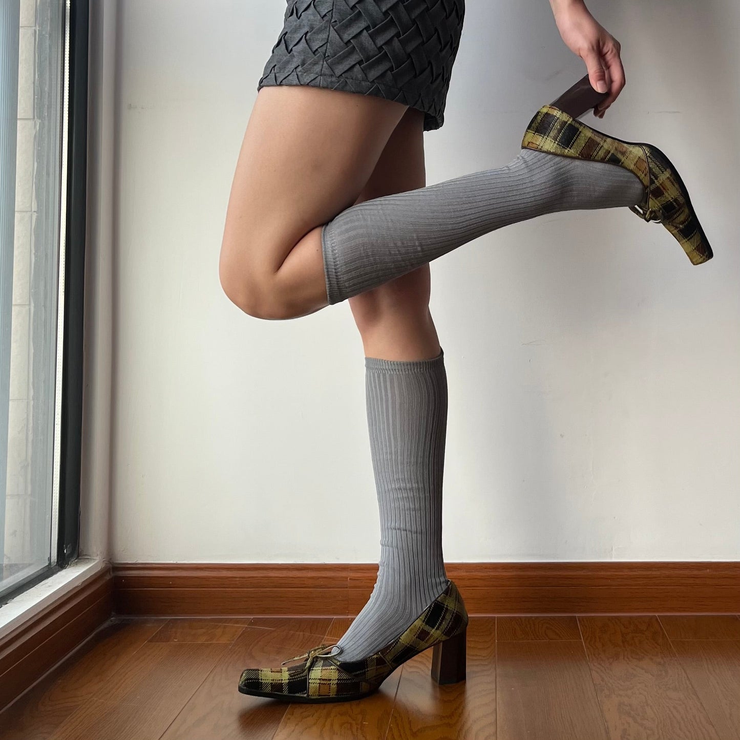 Grey Ribbed Cotton Knee High Socks