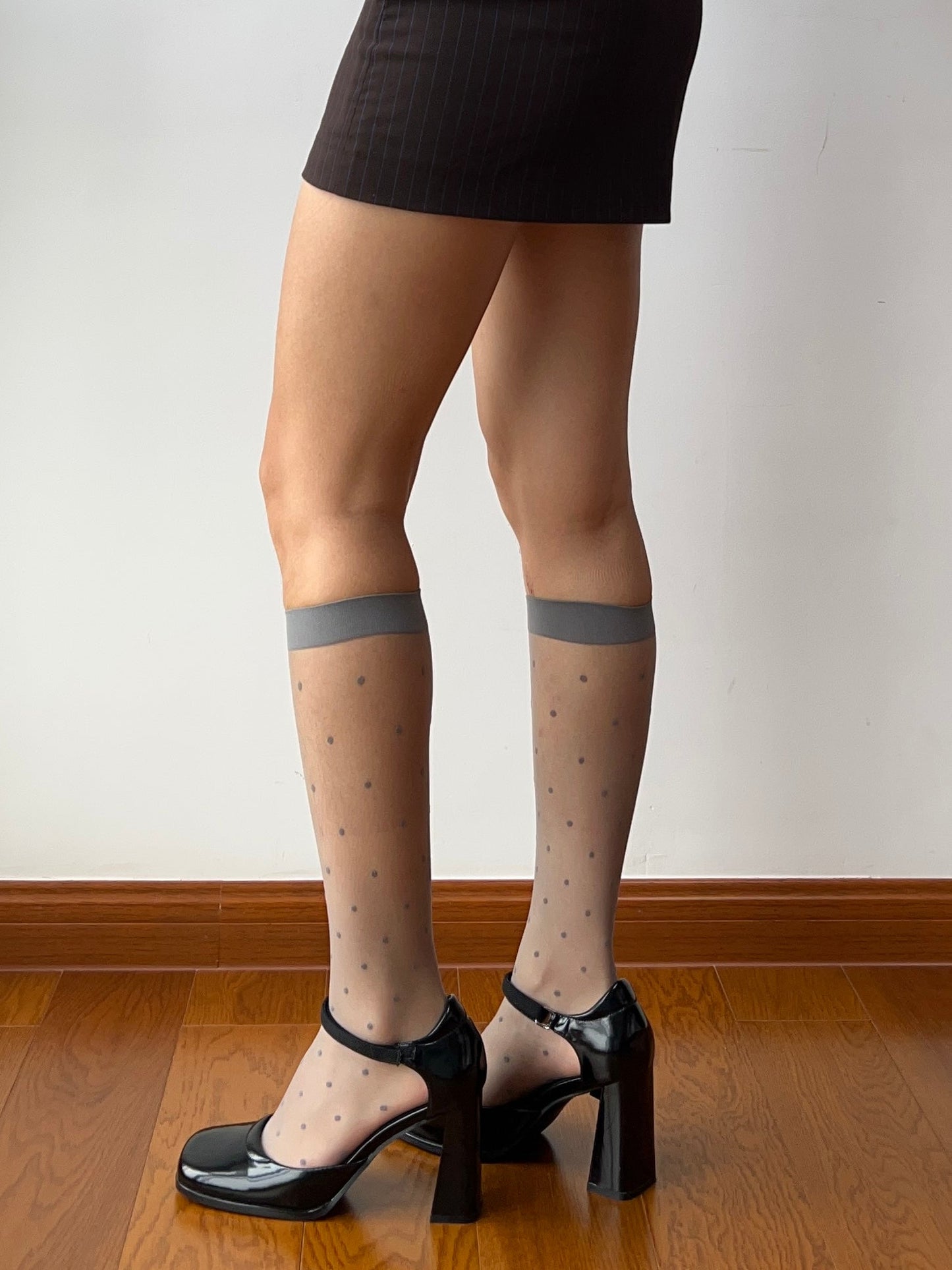 Grey Polka Dots Sheer Knee High Socks