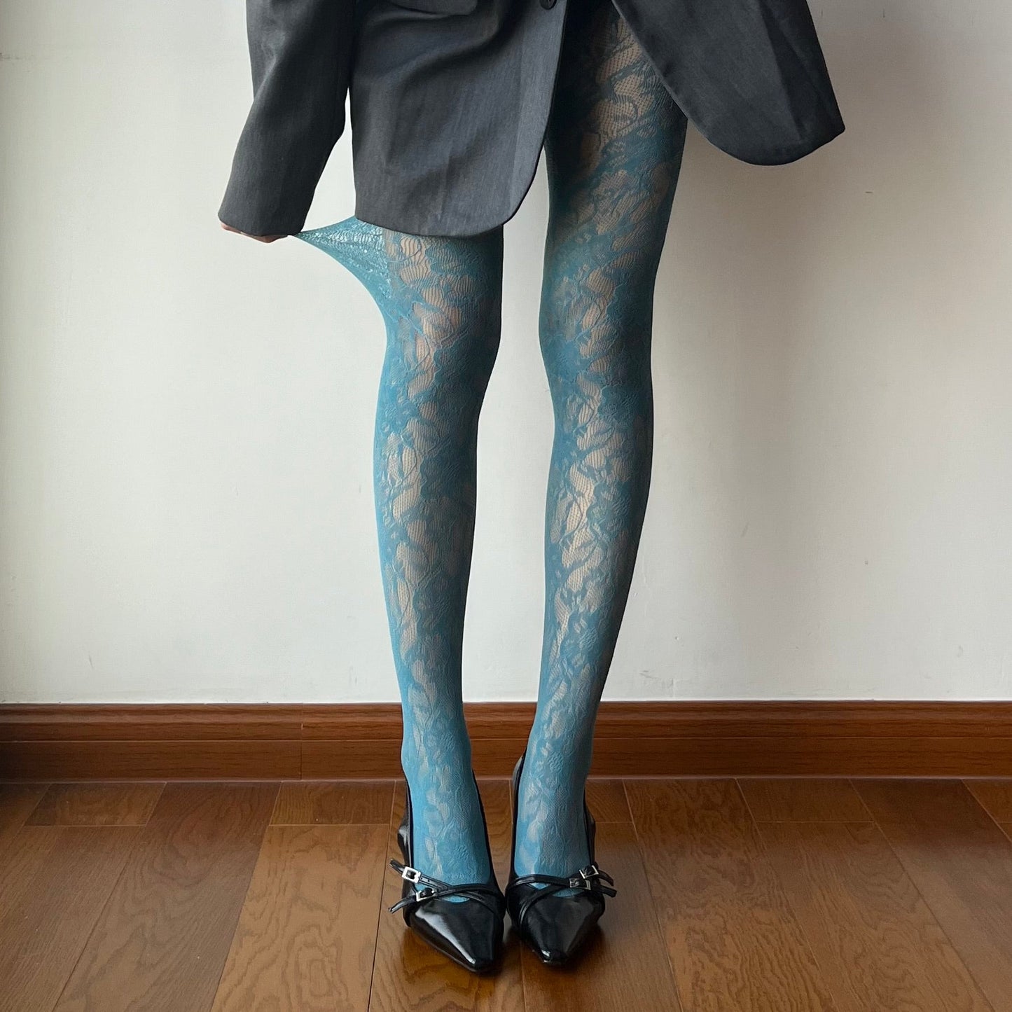 Lake Blue Floral Pattern Fishnet Tights