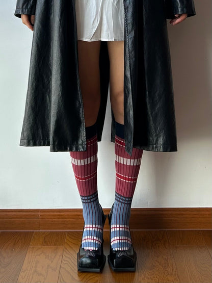 Blue + Red Stripe Cotton Knee High Socks