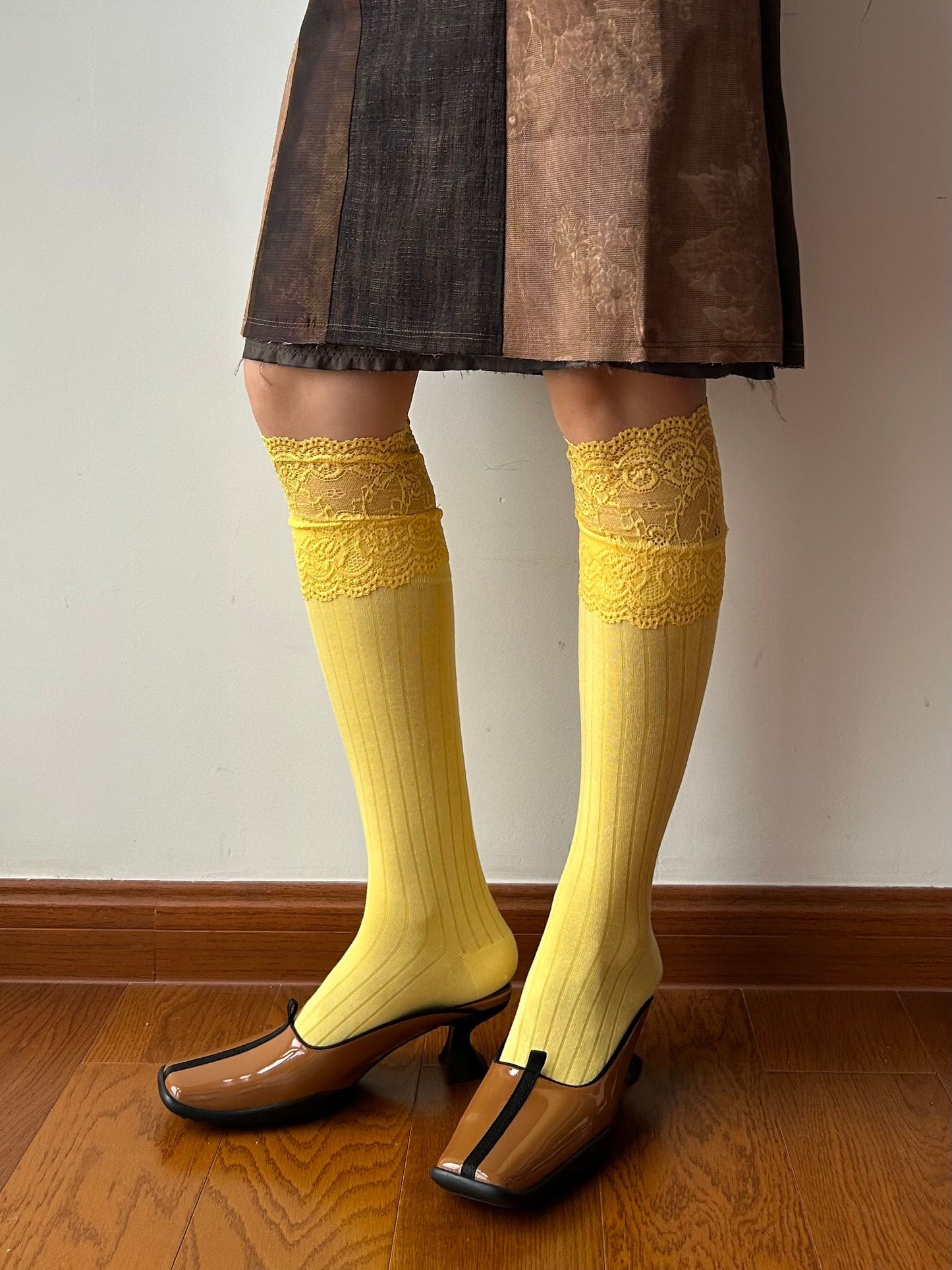 Yellow Lace Edge Knee High Socks