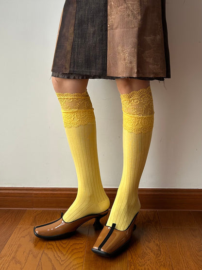 Yellow Lace Edge Knee High Socks