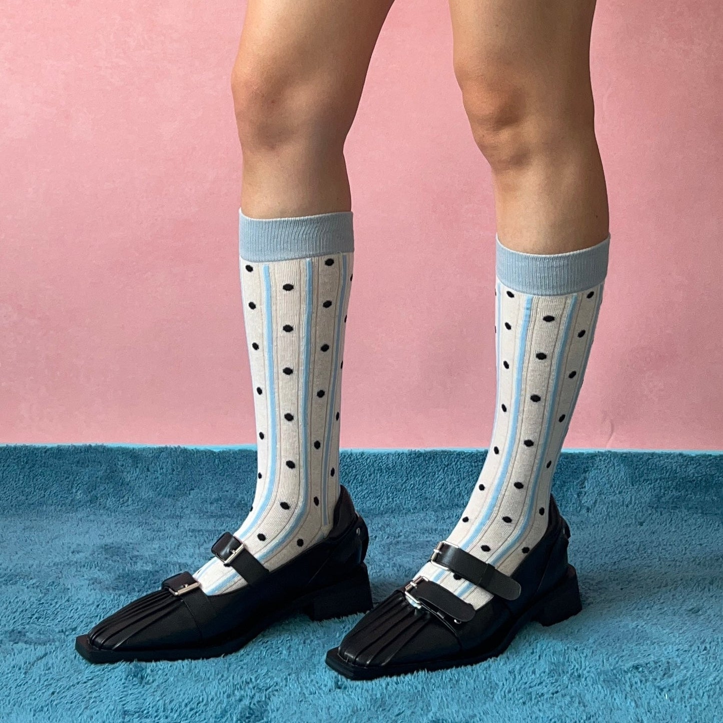 Blue Polka Dots Stripe Cotton Knee High Socks