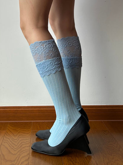 Blue Lace Edge Knee High Socks