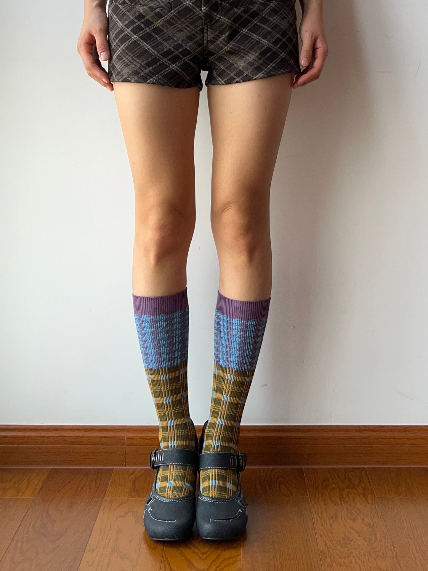 Blue+Olive Green Double Knitting Knee High Socks