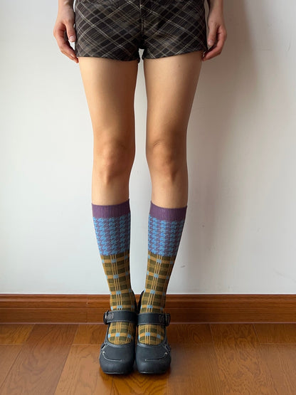 Blue+Olive Green Double Knitting Knee High Socks