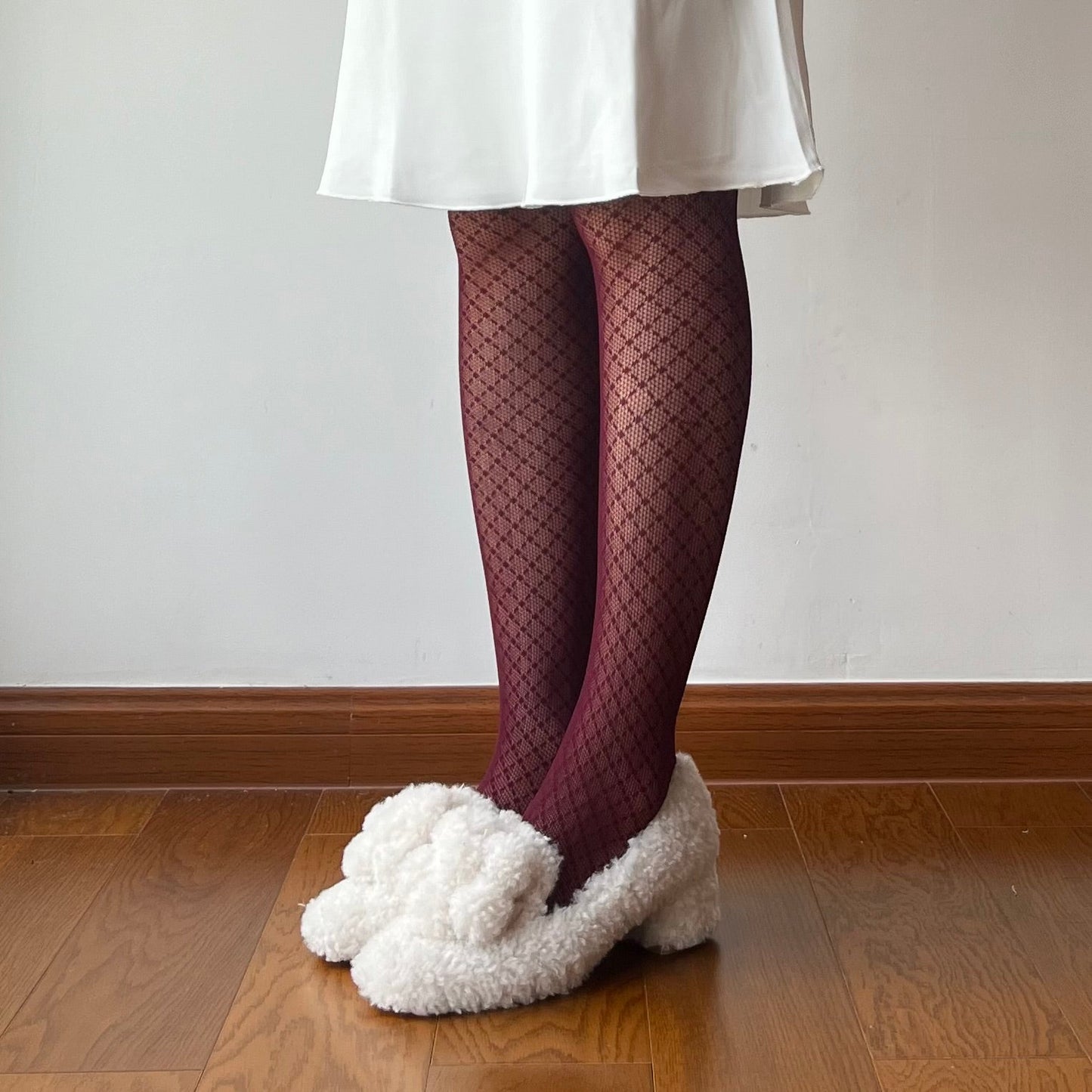 Burgundy Check Pattern Fishnet Tights