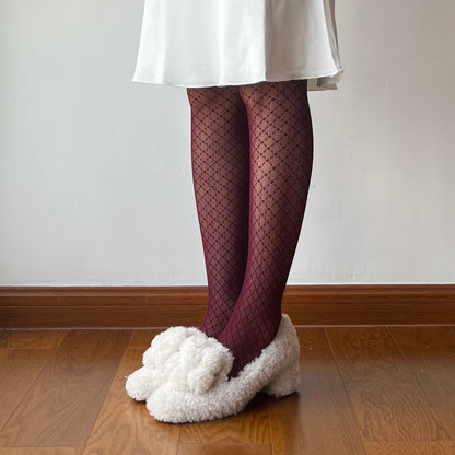 Burgundy Check Pattern Fishnet Tights