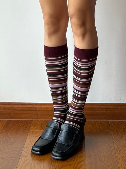 Burgundy Stripe Cotton Knee High Socks