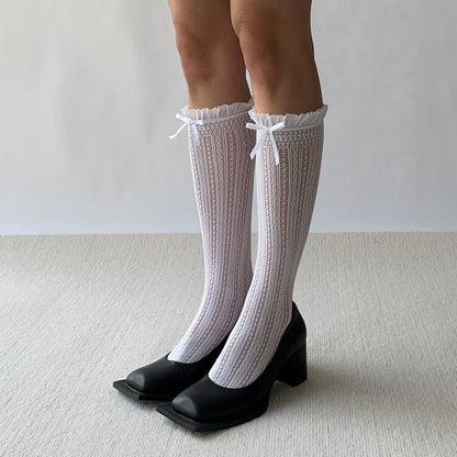 White Ruffle Fishnet Knee High Socks