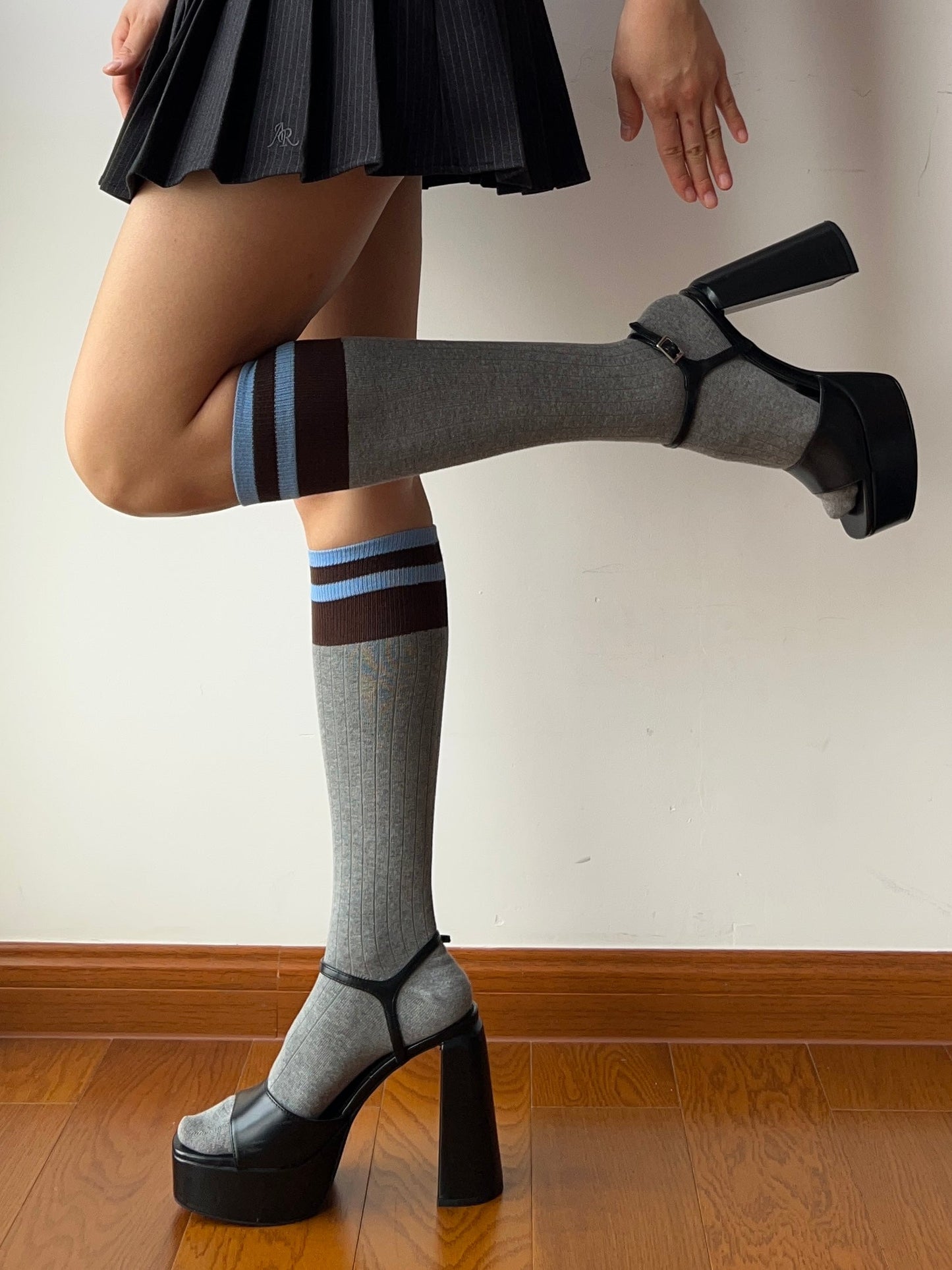 Grey Stripe Cotton Knee High Socks