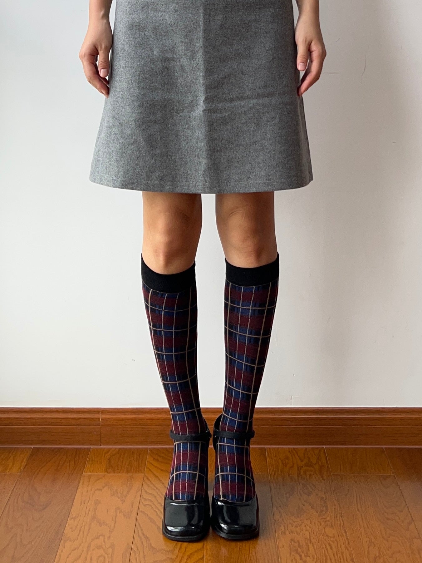 Burgundy Check Pattern Cotton Knee High Socks
