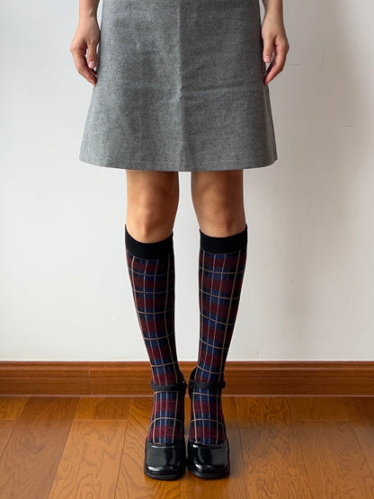 Burgundy Check Pattern Cotton Knee High Socks