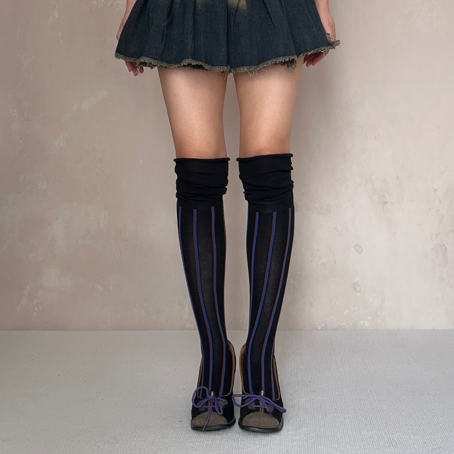 Black Stripe Cotton Over the Knee Socks