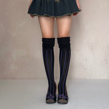 Black Stripe Cotton Over the Knee Socks