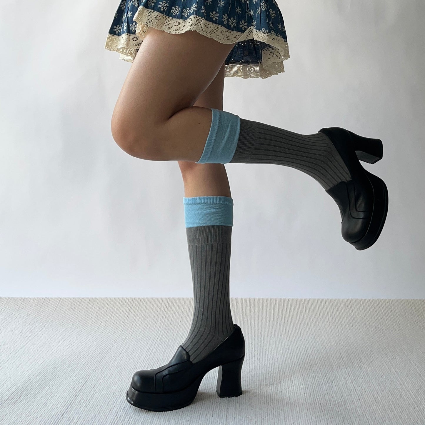 Blue+Grey Cotton Knee High Socks
