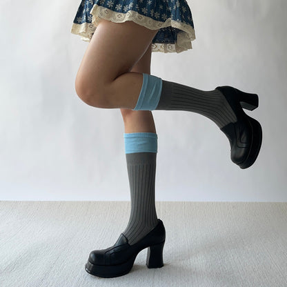 Blue+Grey Cotton Knee High Socks