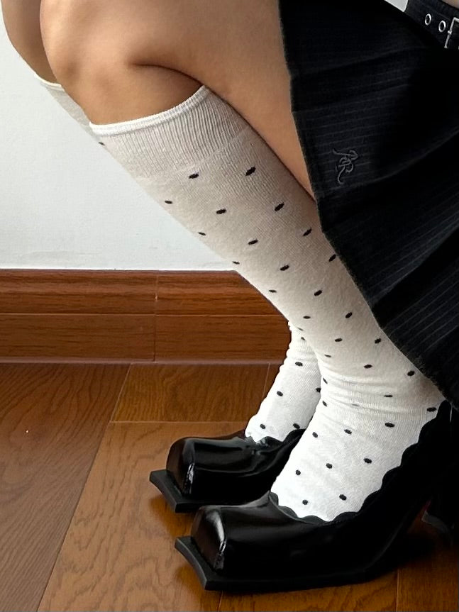 White Polka Dots Cotton Knee High Socks