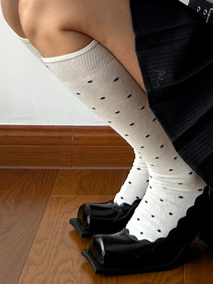 White Polka Dots Cotton Knee High Socks