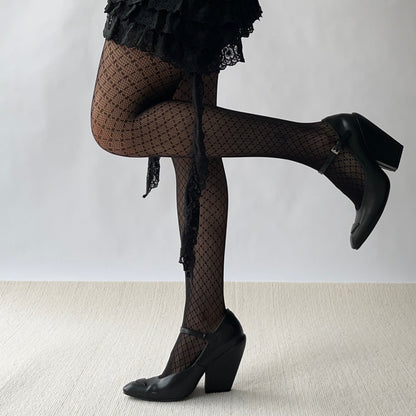 Black Check Pattern Fishnet Tights