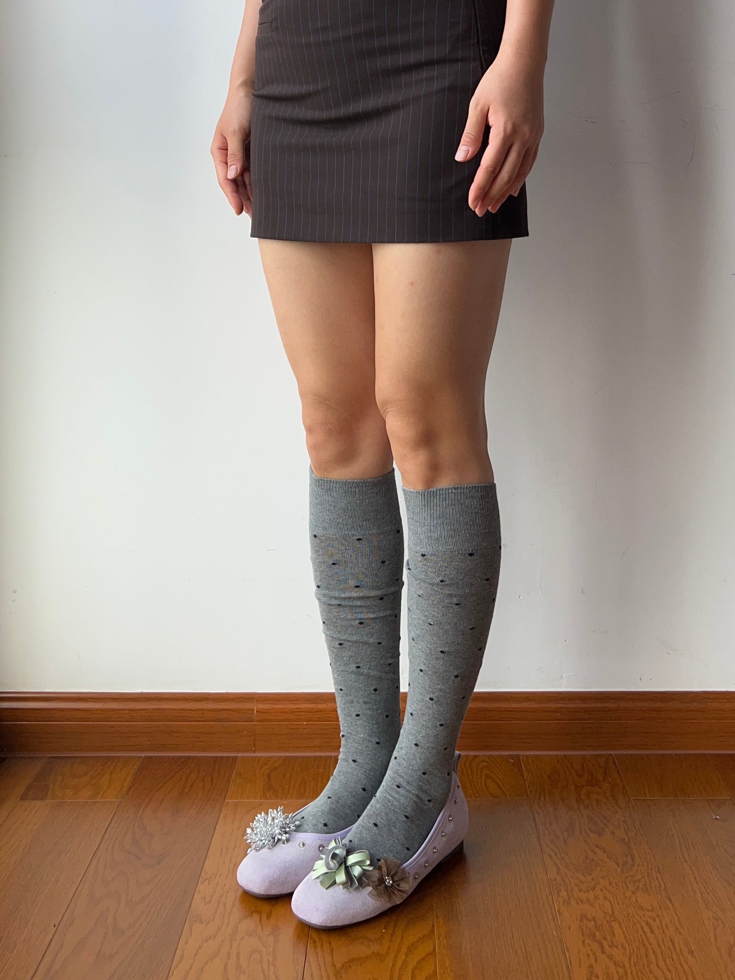 Gray Polka Dots Cotton Knee High Socks