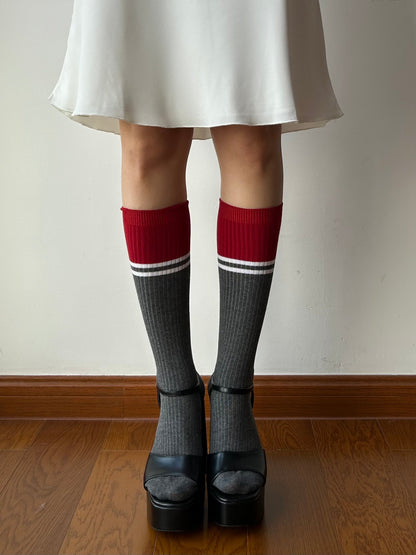 Red + Grey Cotton Knee High Socks