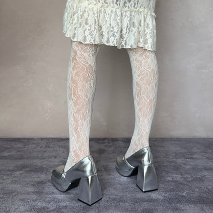 Beige Floral Pattern Fishnet Tights