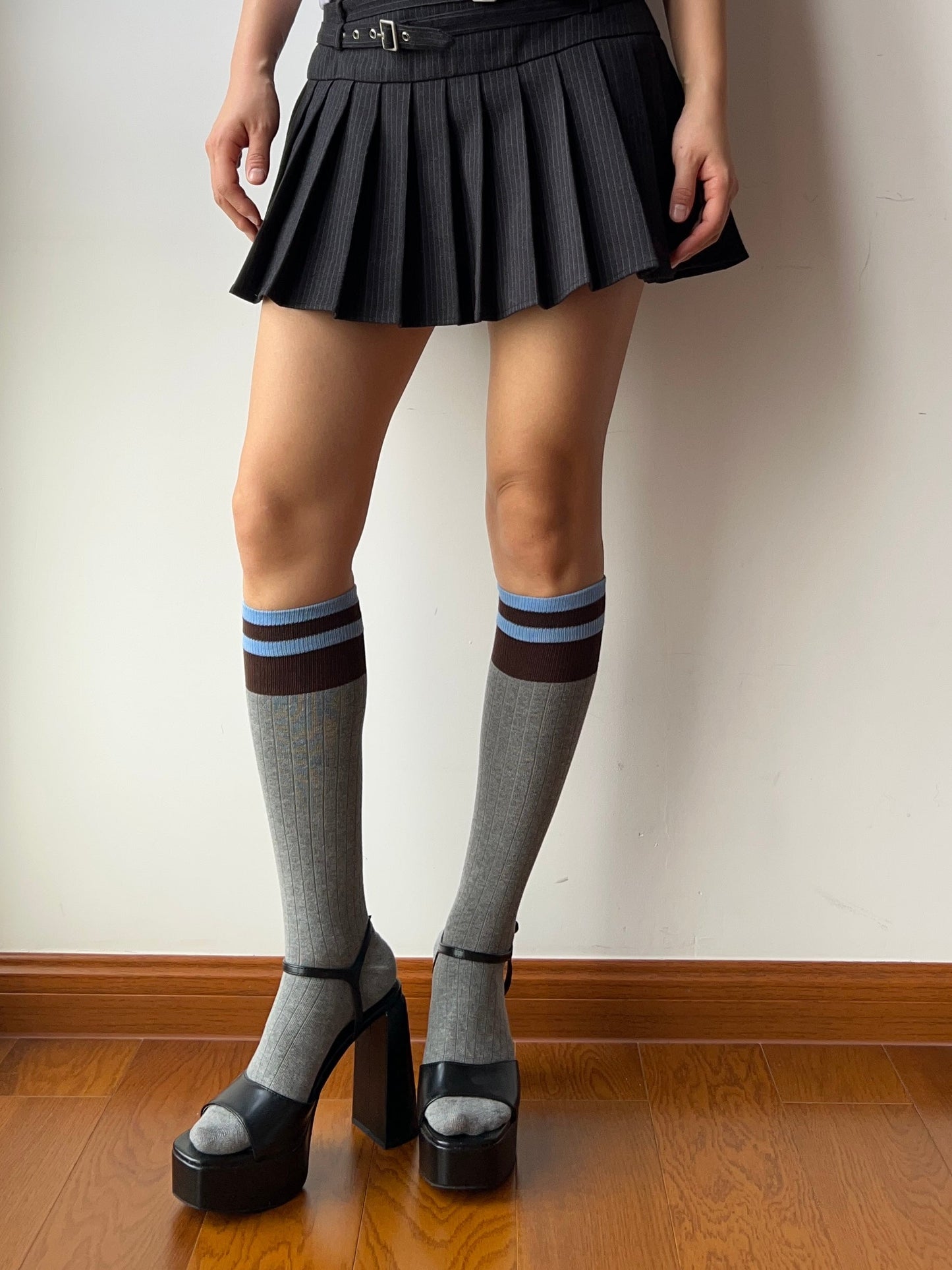 Grey Stripe Cotton Knee High Socks