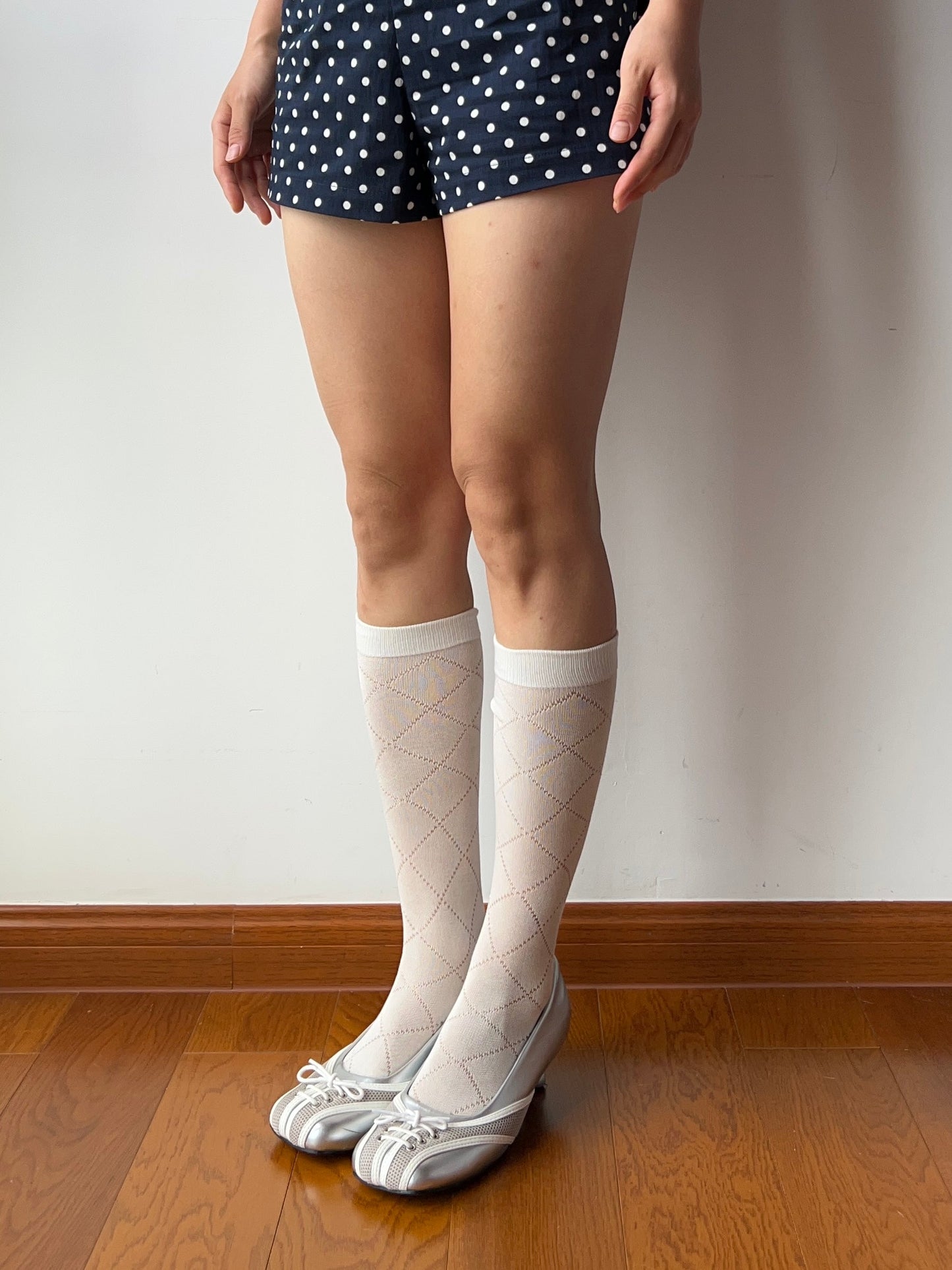 White Check Pattern Knee High Socks
