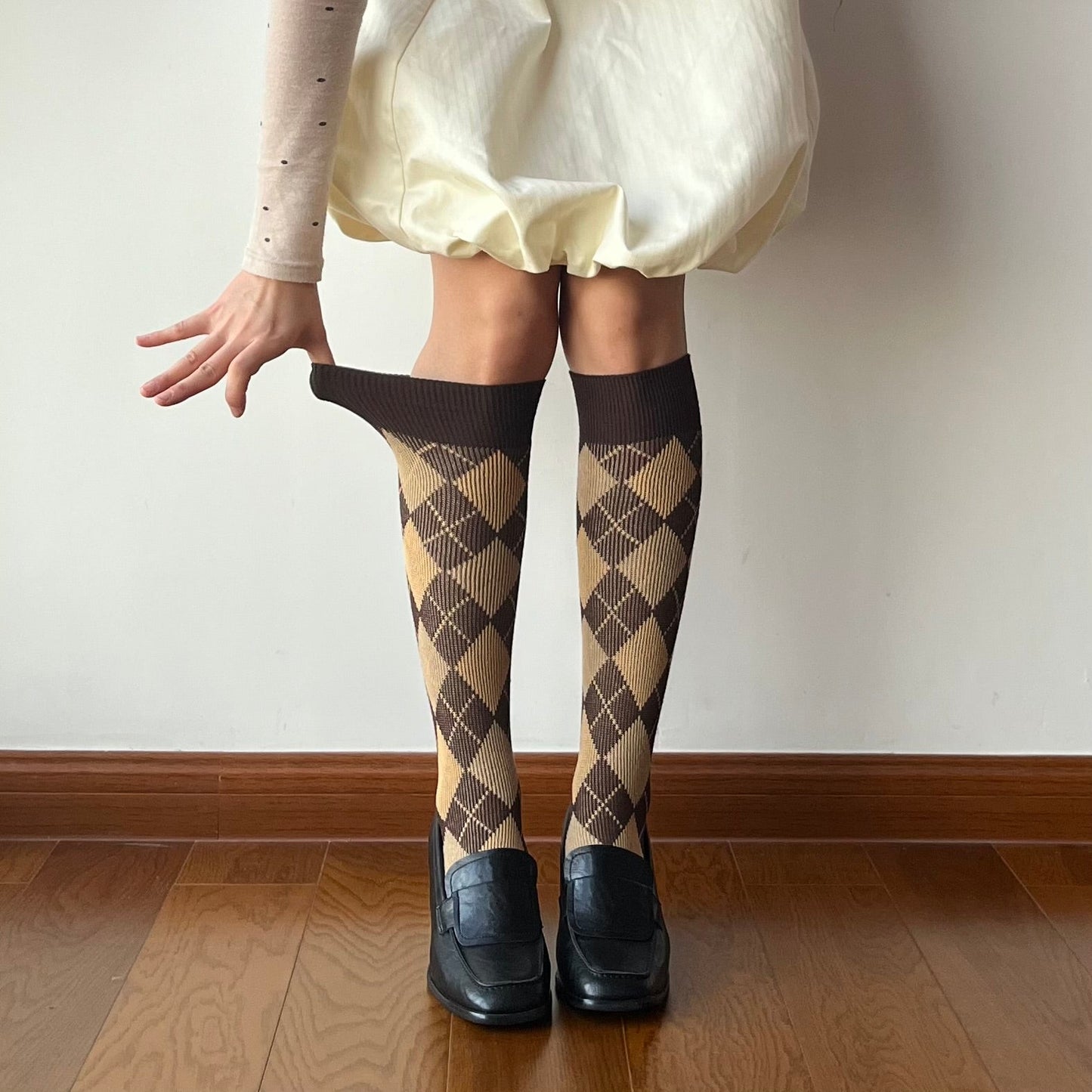 Brown Check Pattern Cotton Knee High Socks