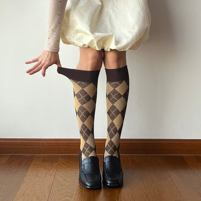 Brown Check Pattern Cotton Knee High Socks