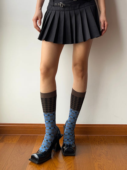 Blue+Brown Double Knitting Knee High Socks