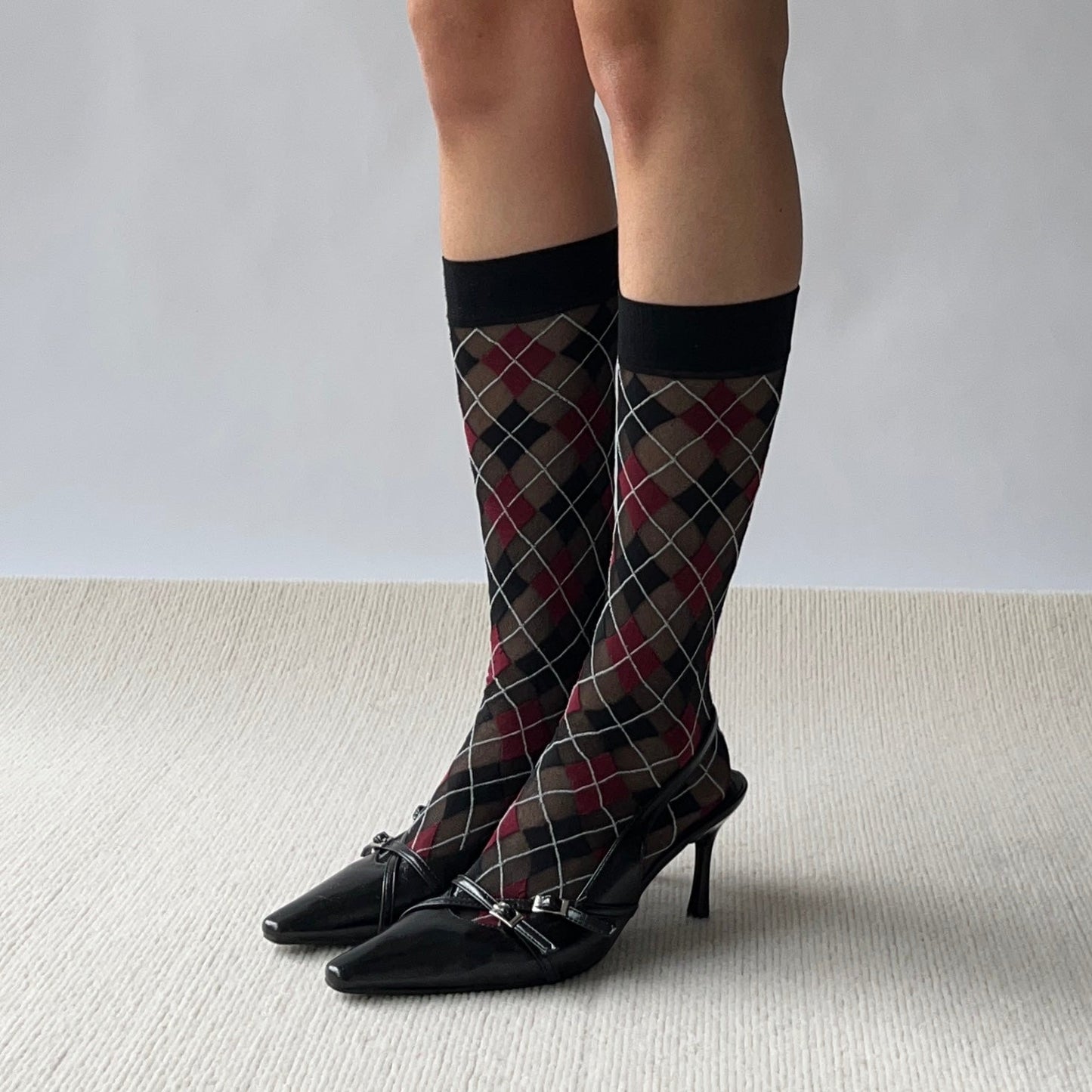 Red Check Pattern Sheer Knee High Socks