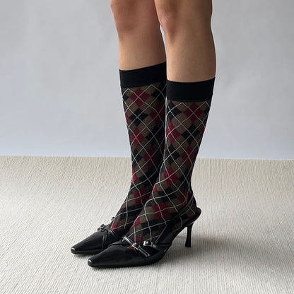 Red Check Pattern Sheer Knee High Socks