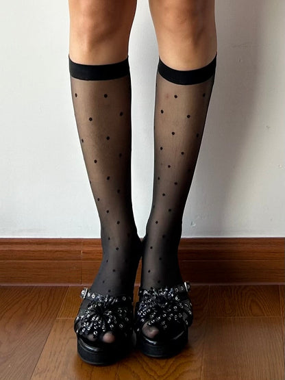 Black Polka Dots Sheer Knee High Socks